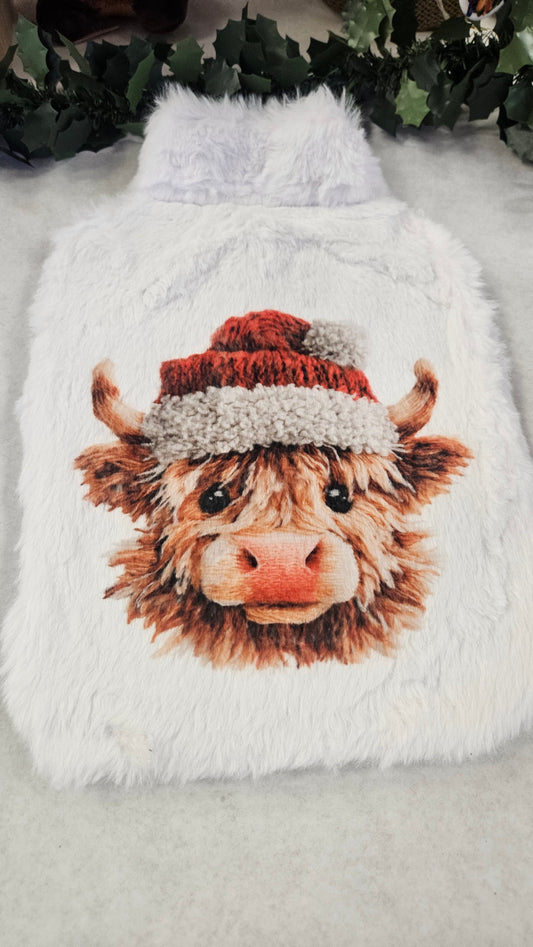 Festive Fluffy Hot Water Bottle Covers - Cosy Highland Cow, Vintage Stamps or Rudolph Design - CWcreations