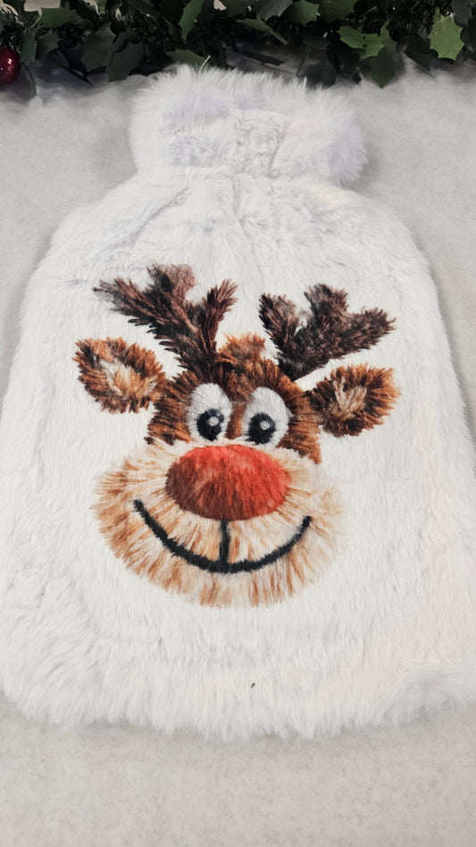 Festive Fluffy Hot Water Bottle Covers - Cosy Highland Cow, Vintage Stamps or Rudolph Design - CWcreations