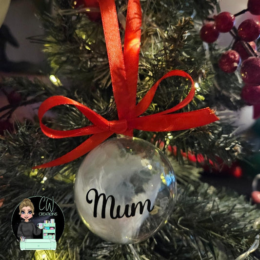 Feather-Filled Clear Bauble with Personalised Name: Remembrance r