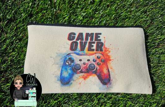 Game Over Canvas Zipper Pouch – Gamer Pencil Case with Watercolour Controller | 21x12cm Gaming Pouch - CWcreations