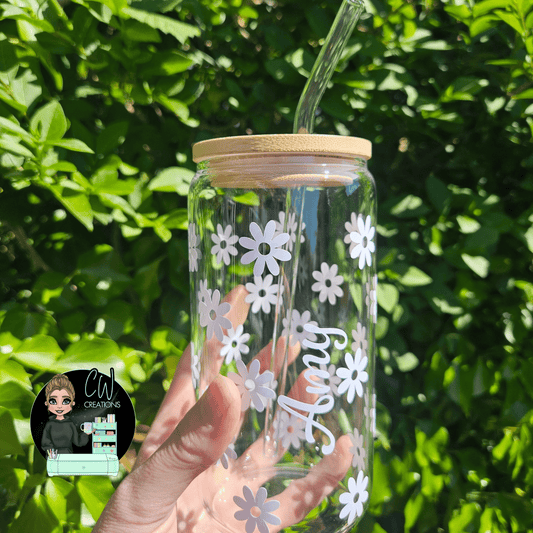 Personalised Flower Glass Can – 16oz Custom Name Tumbler - CWcreations